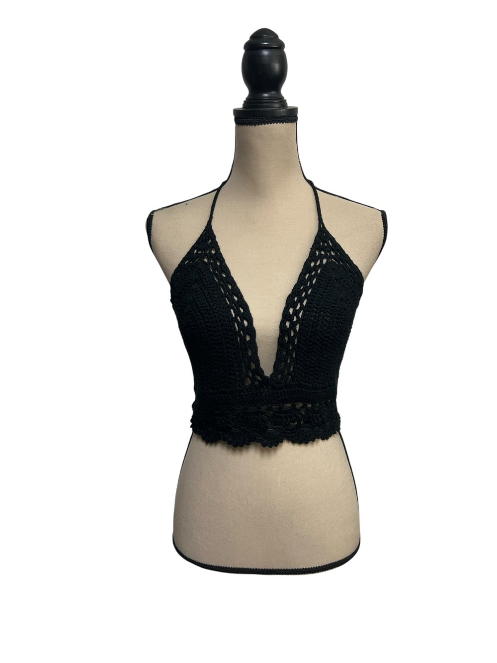 Black Crochet Halter Top Women’s Size Large Handmade Boho Festival Style